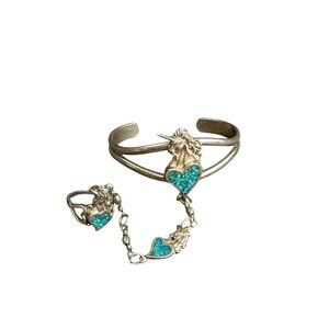 Unicorn Heart Slave Bracelet w Ring Silver Tone Crushed Turquoise Sz 6.5 EGE 90